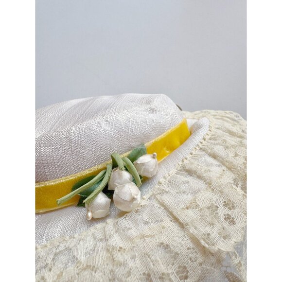 Vintage Ivory Straw Faux Floral Yellow Velvet Bow Lace Ruffle Trim Boater Hat - Picture 10 of 14